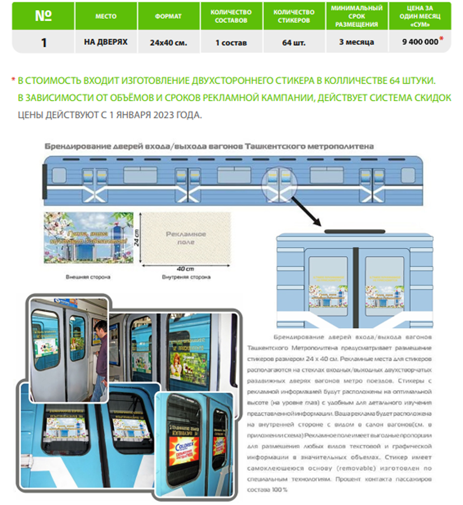 Стоимость размещения рекламы на дверях в вагонах метро Ташкента